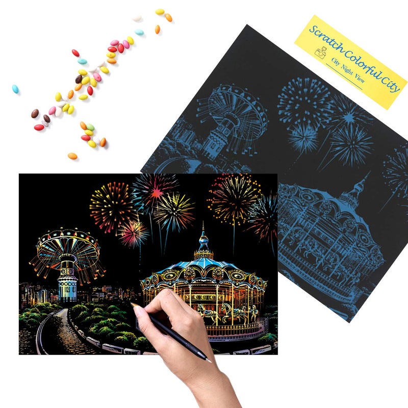 BOTEEN Scratch Rainbow Painting Art Paper,Scratch & Sketch Art for Adults,Creative DIY Gifts&Arts Craft Kits with 4 Tools,16''x11'(Amusement Park) - Image 5